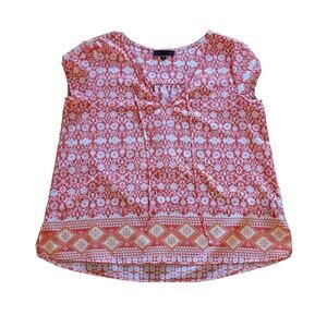 Sanctuary Top Shirt Womens Large Orange White Floral Flowy Short Sleeve Casual